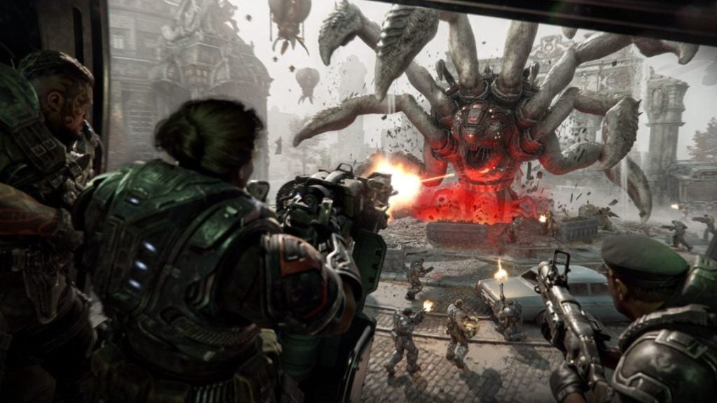 Helikopter fedélzeti géppuskával lövöldöz a Locustokra a Gears of War E-Day játékban