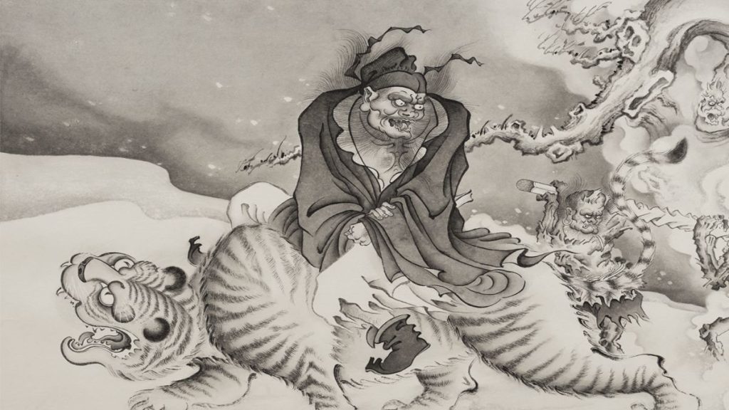 Fekete-fehér artwork, amin Zhong Kui egy tigrison lovagol