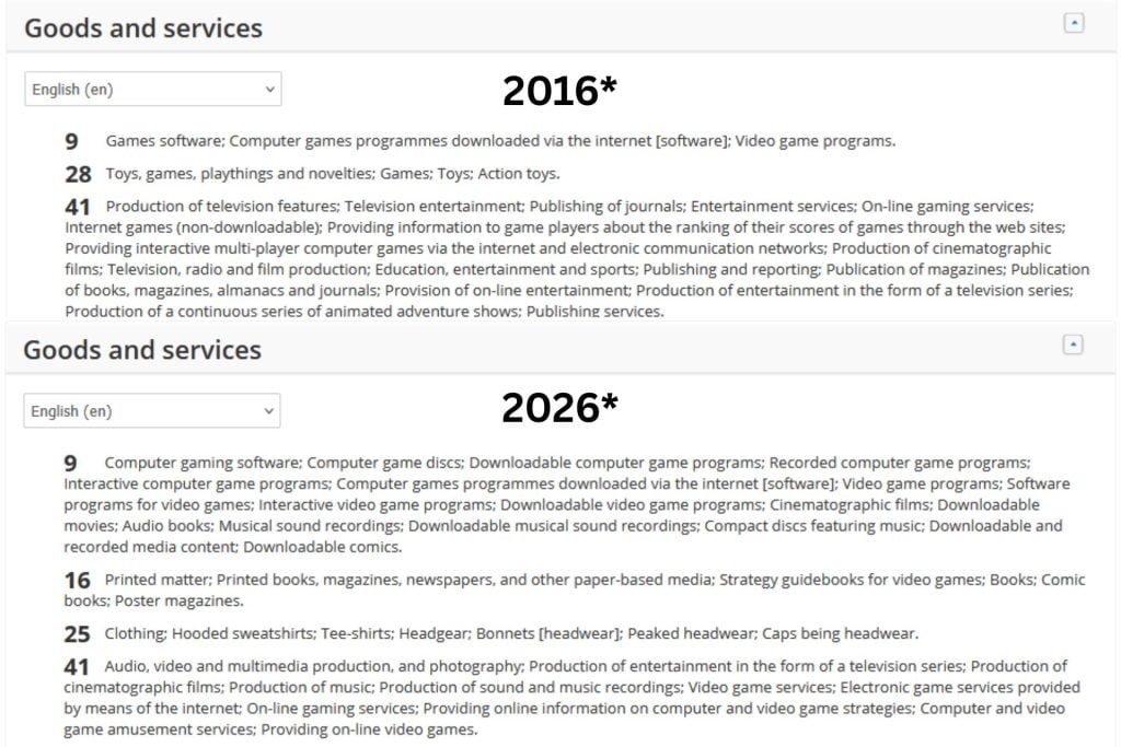 Az Alan Wake's Return védjegy összehasonlítása: 2016-os és 2026-os bejegyzés egymás mellett