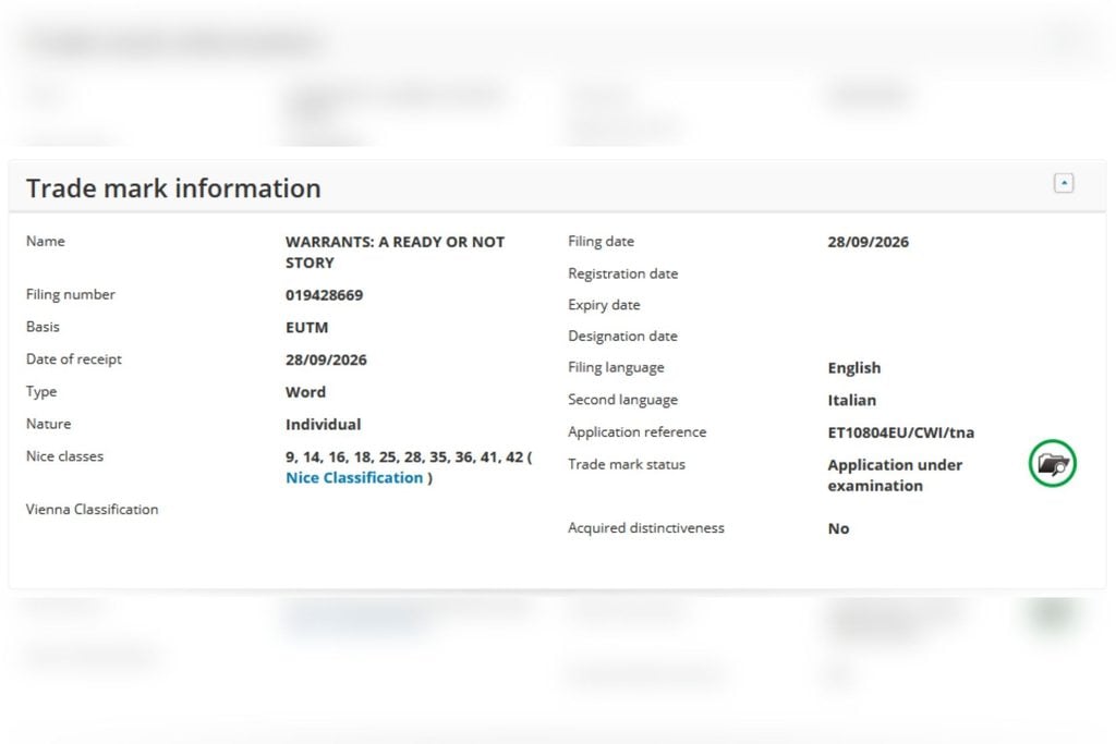 Az EUIPO védjegy bejegyzés képernyőképe
