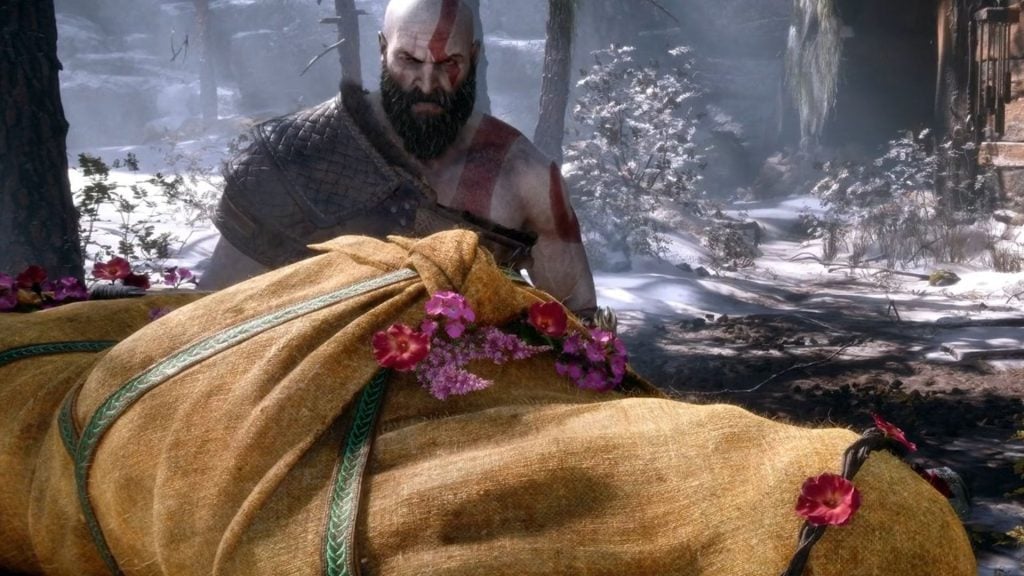 Kratos néz Faye-re a God of War: Laufey egyik jelenetében