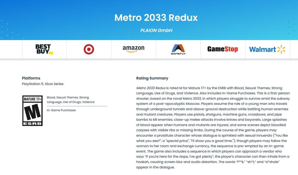 Metro 2033 Redux next-gen port PS5 Xbox Series X/S